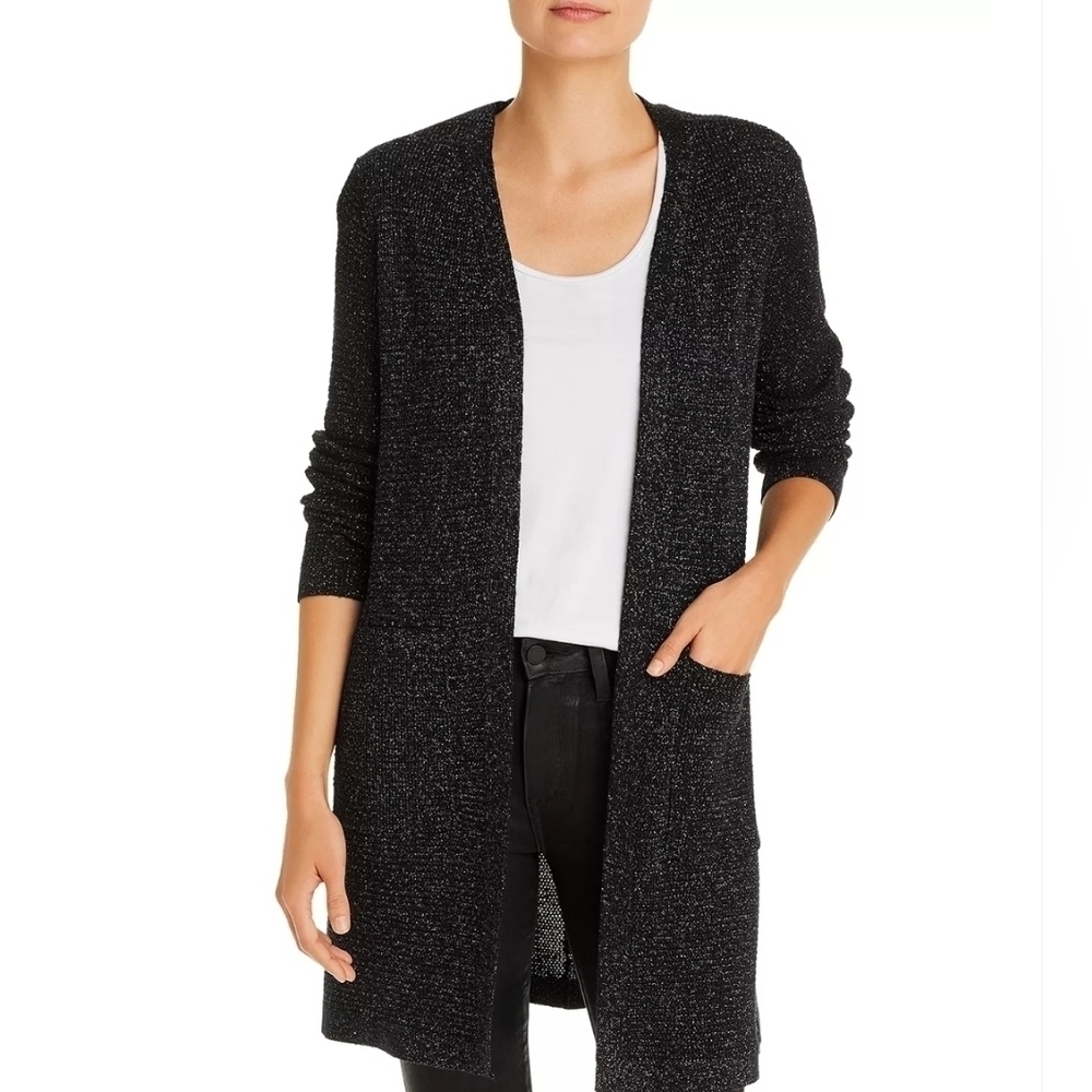 NEW Eileen Fisher Black Metallic Long Cardigan Sweater Merino Wool Blend
